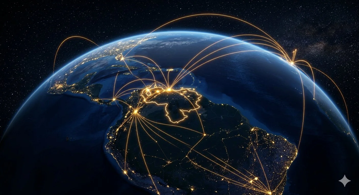 Mapa del mundo de noche con rutas de viaje desde Venezuela — seguro de viaje de Atina